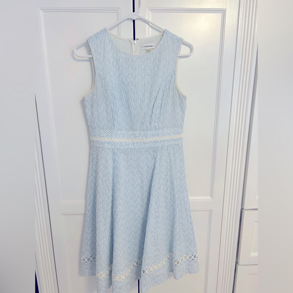 Classic Blue & White Seersucker Eyelet Calvin Klein Dress